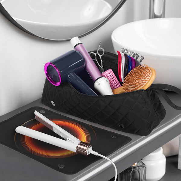 2-in-1 Hot Hair Tools Travel Bag, Removable Heat-Resistant Silicone Mat, Clear Pockets for Accessories, Protects Surfaces from Burns, Ideal for Curling & Flat Irons, Includes Heat-Resistant Glove