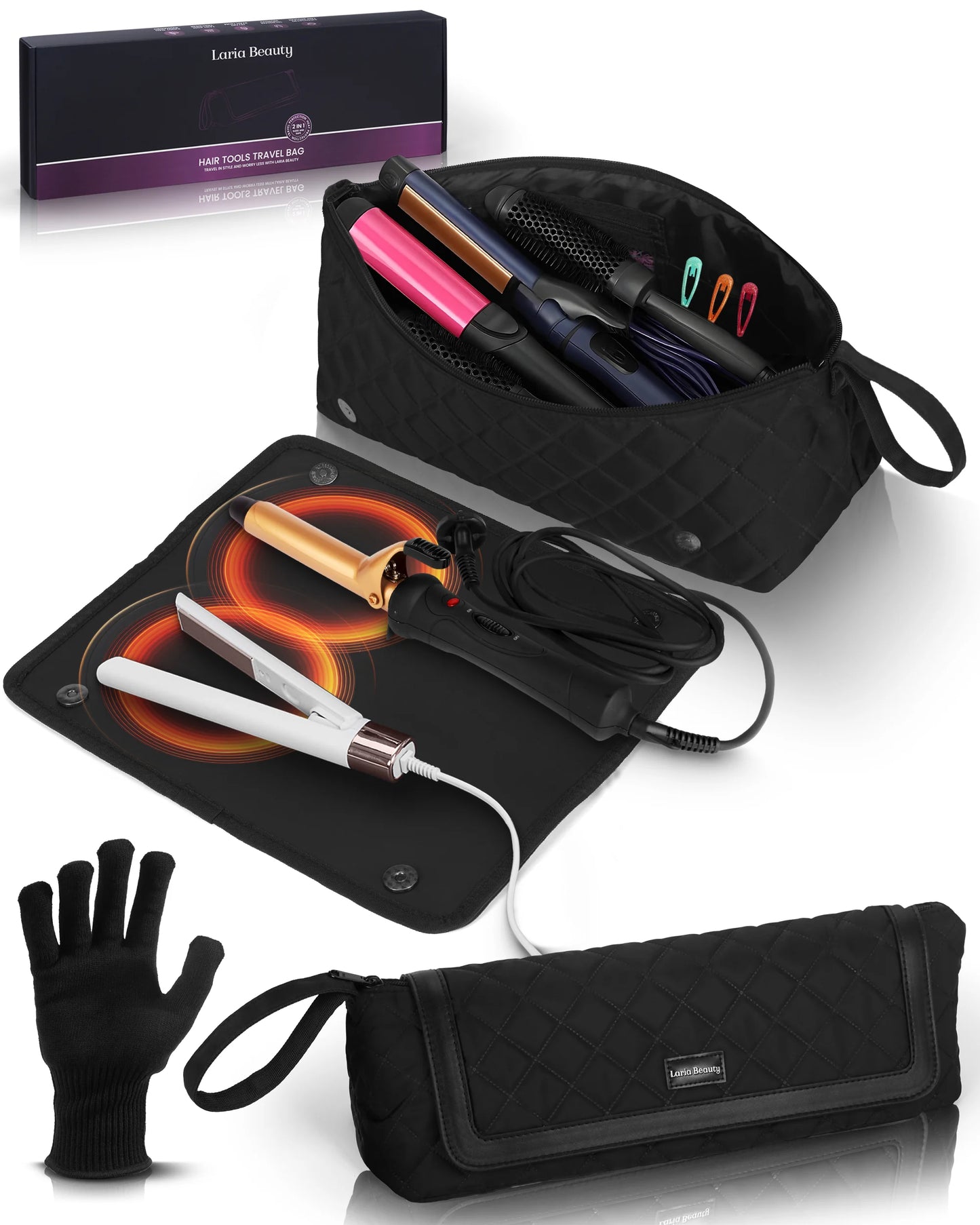 2-in-1 Hot Hair Tools Travel Bag, Removable Heat-Resistant Silicone Mat, Clear Pockets for Accessories, Protects Surfaces from Burns, Ideal for Curling & Flat Irons, Includes Heat-Resistant Glove