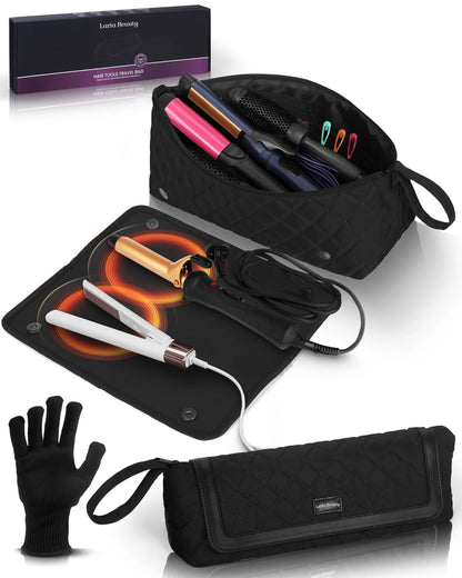 2-in-1 Hot Hair Tools Travel Bag, Removable Heat-Resistant Silicone Mat, Clear Pockets for Accessories, Protects Surfaces from Burns, Ideal for Curling & Flat Irons, Includes Heat-Resistant Glove