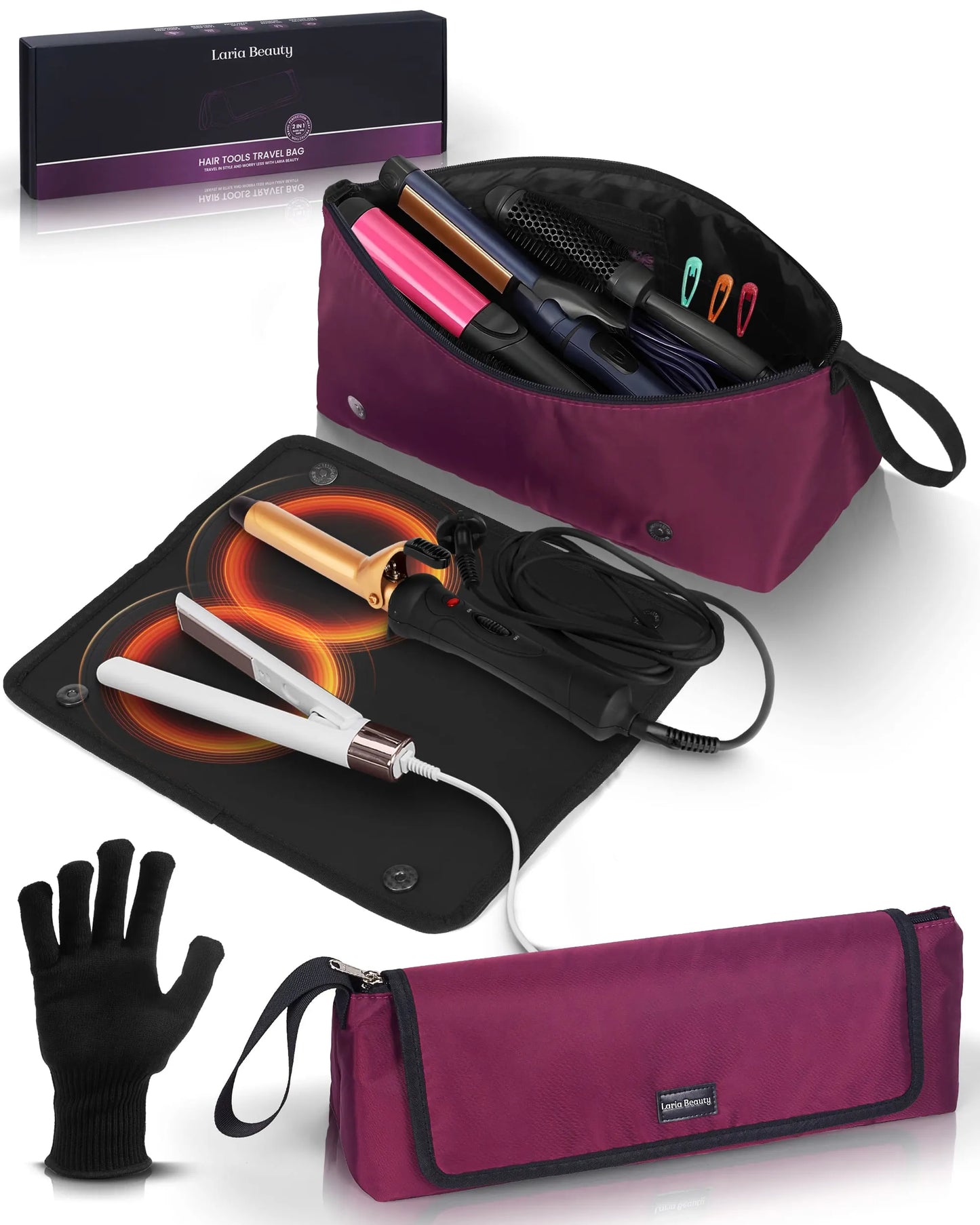 2-in-1 Hot Hair Tools Travel Bag, Removable Heat-Resistant Silicone Mat, Clear Pockets for Accessories, Protects Surfaces from Burns, Ideal for Curling & Flat Irons, Includes Heat-Resistant Glove